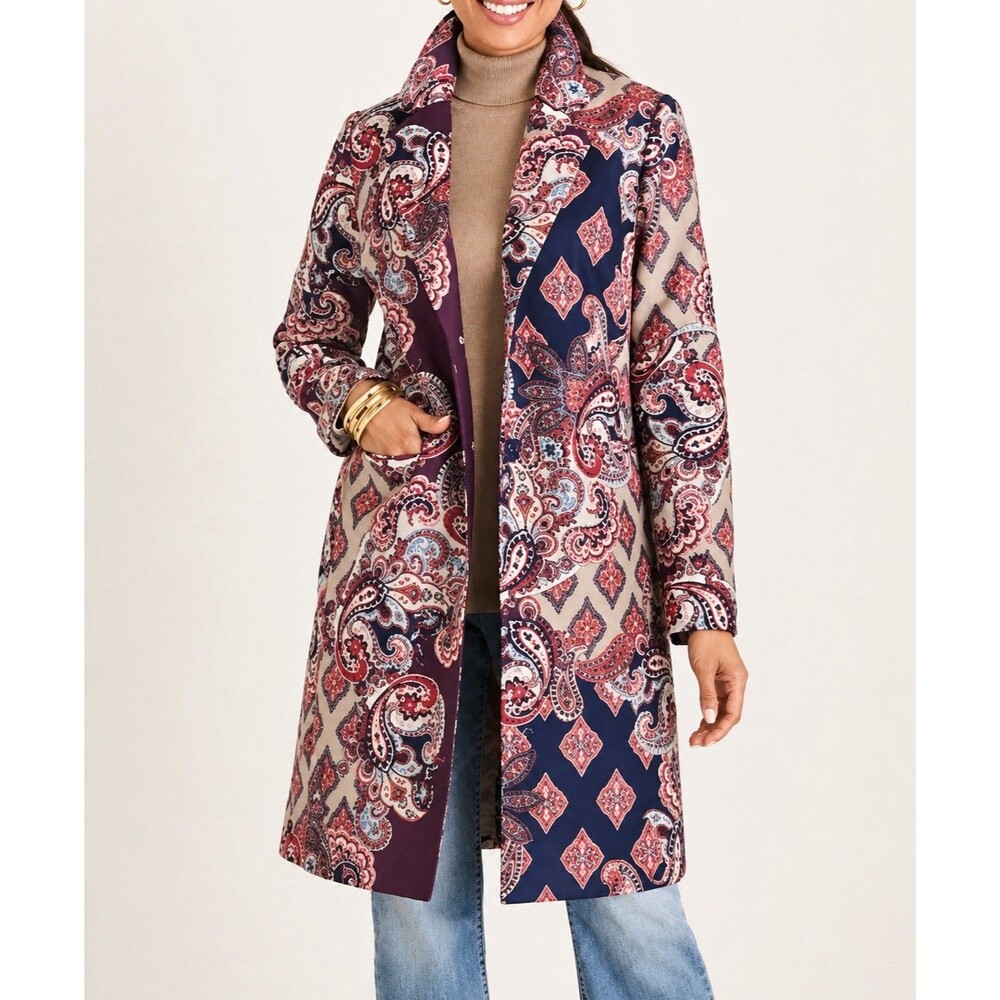 Chico’s Paisley Patchwork Long Drama Coat Jacket Size 1 M